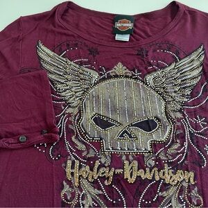 Harley Davidson Women’s Maroon Long Sleeve XL skull rhinestone‎ bedazzled